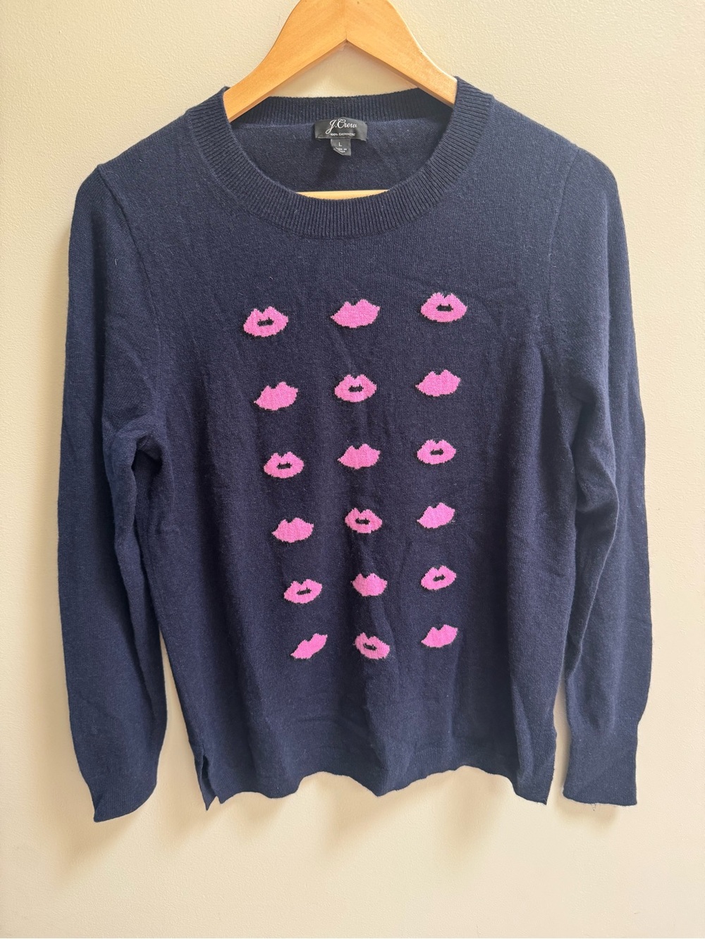 J. Crew Navy Crewneck Sweater with Pink Lip Motif
